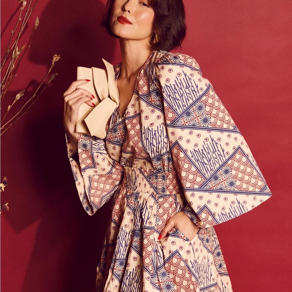Womens Cream Printed V-Neck Bell Sleeve Top